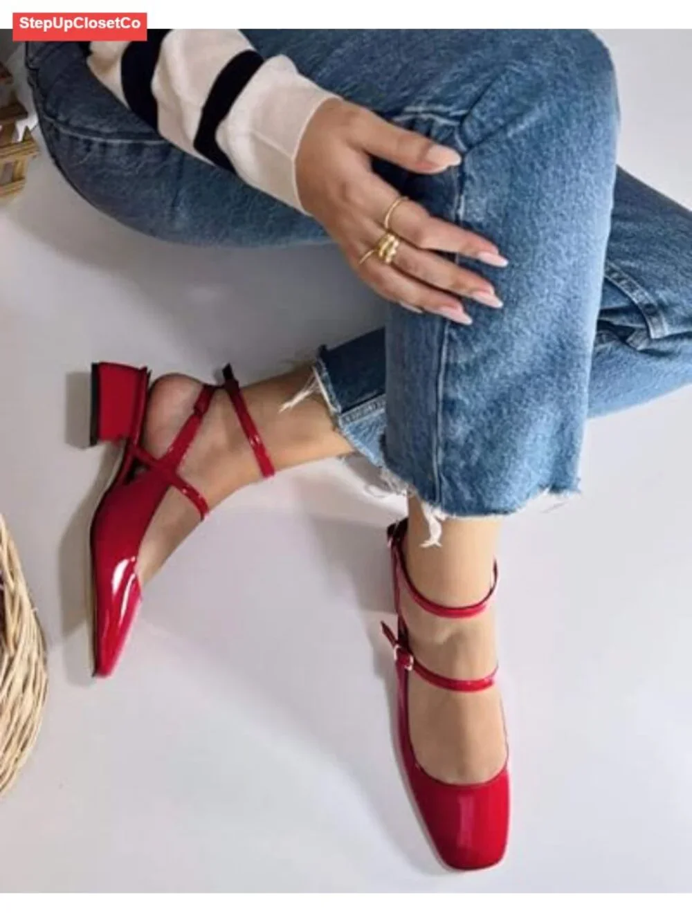 Women's Mary Jane Chunky Low Heels Square Toe Ankle Strap Dress Pumps Faux